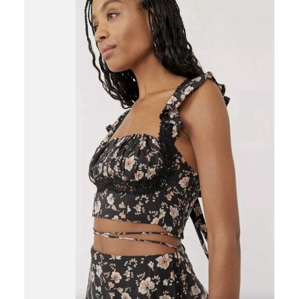 Free People Top Bijou Square Neck Floral‎ Ruffle Sleeve Shoulder Tie Size 2 NEW
